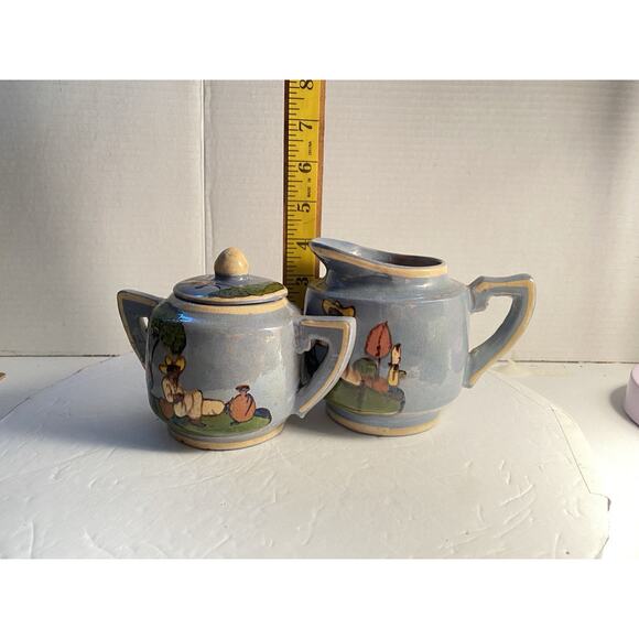 1940s Blue Tlaquepaque Mexican Folk Art Sugar & Creamer Hand Made And Decorated - Picture 8 of 12